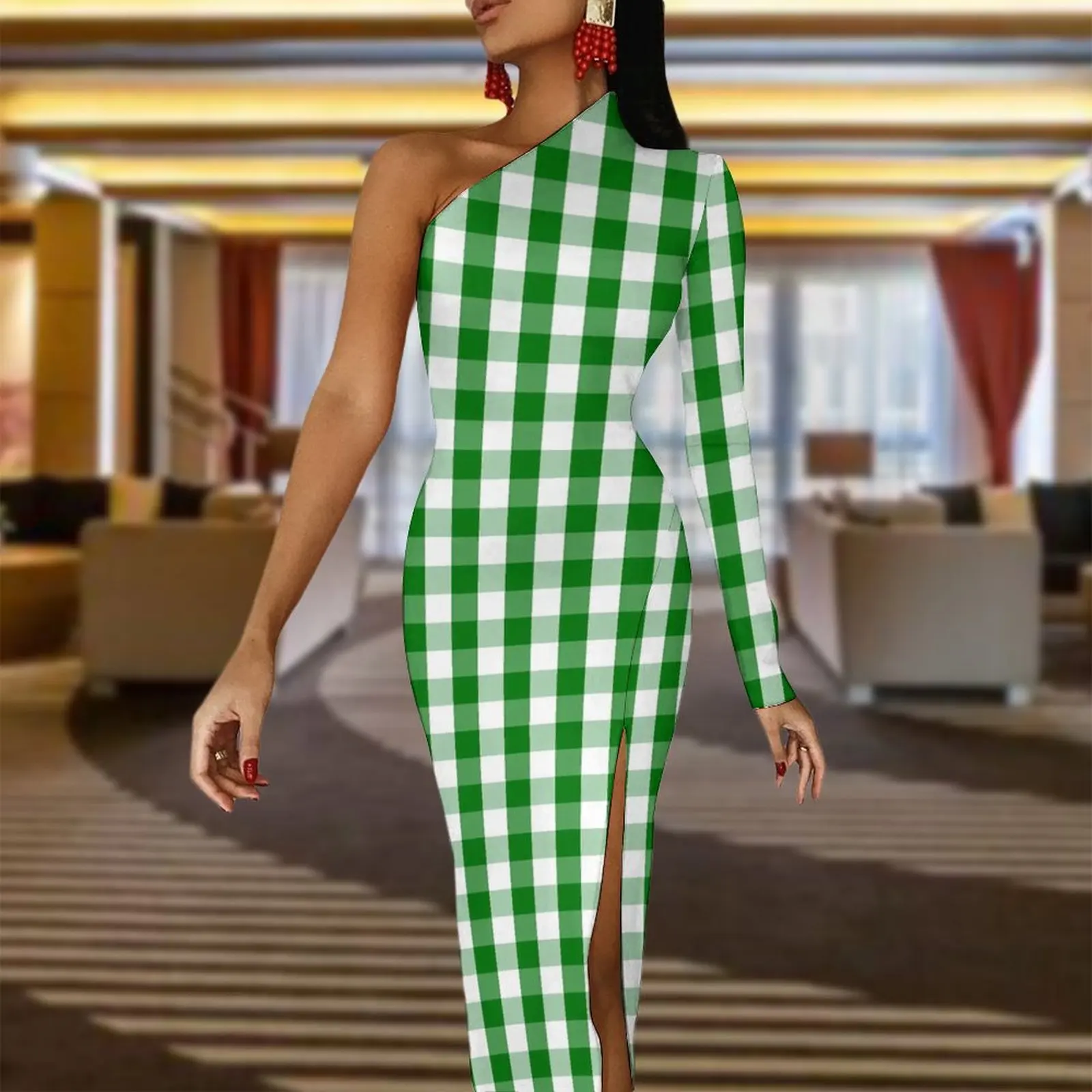 Christmas Gingham Bodycon Dress Women Green Check Plaid Trendy Maxi Dress Long Sleeve Street Style Custom Dresses Birthday Gift