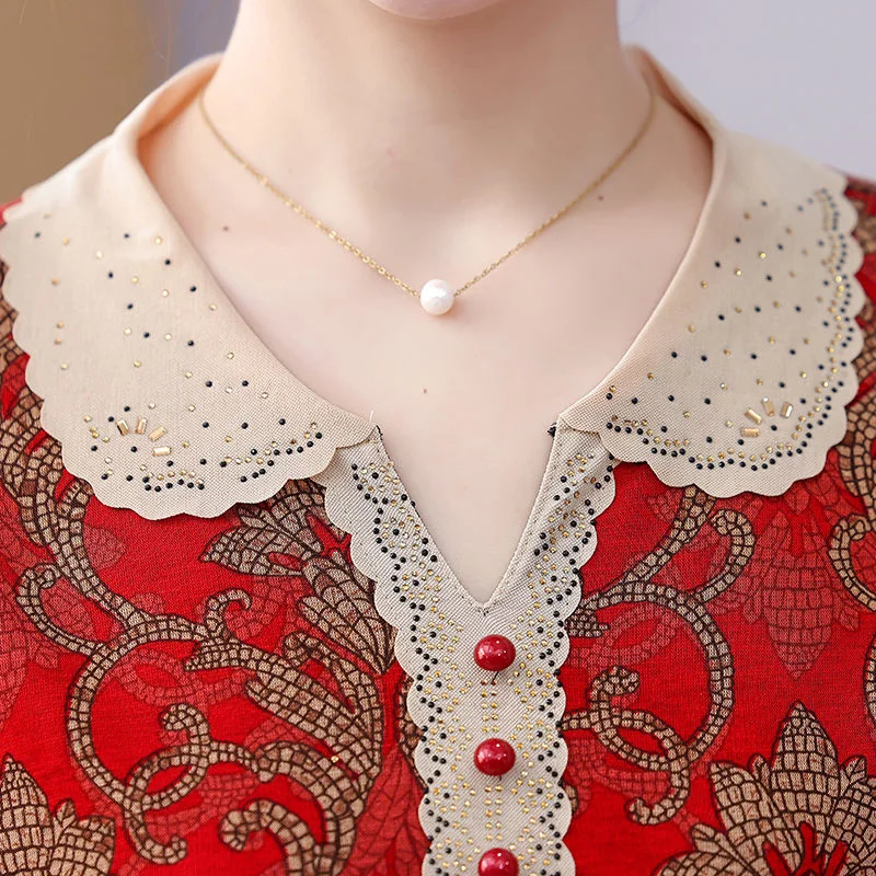 Spring Autumn New POLO Collar Fashion Long Sleeve Blouse Women High Street Loose Printing Pullovers Button Patchwork Elegant Top