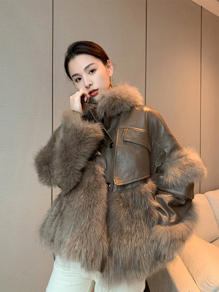 Coat Women Real Fur Autumn Winter Vintage Thicken Fox Fur Stand Collar Down Cotton Liner Splicing Sheepskin Jacket Fur Outerwear