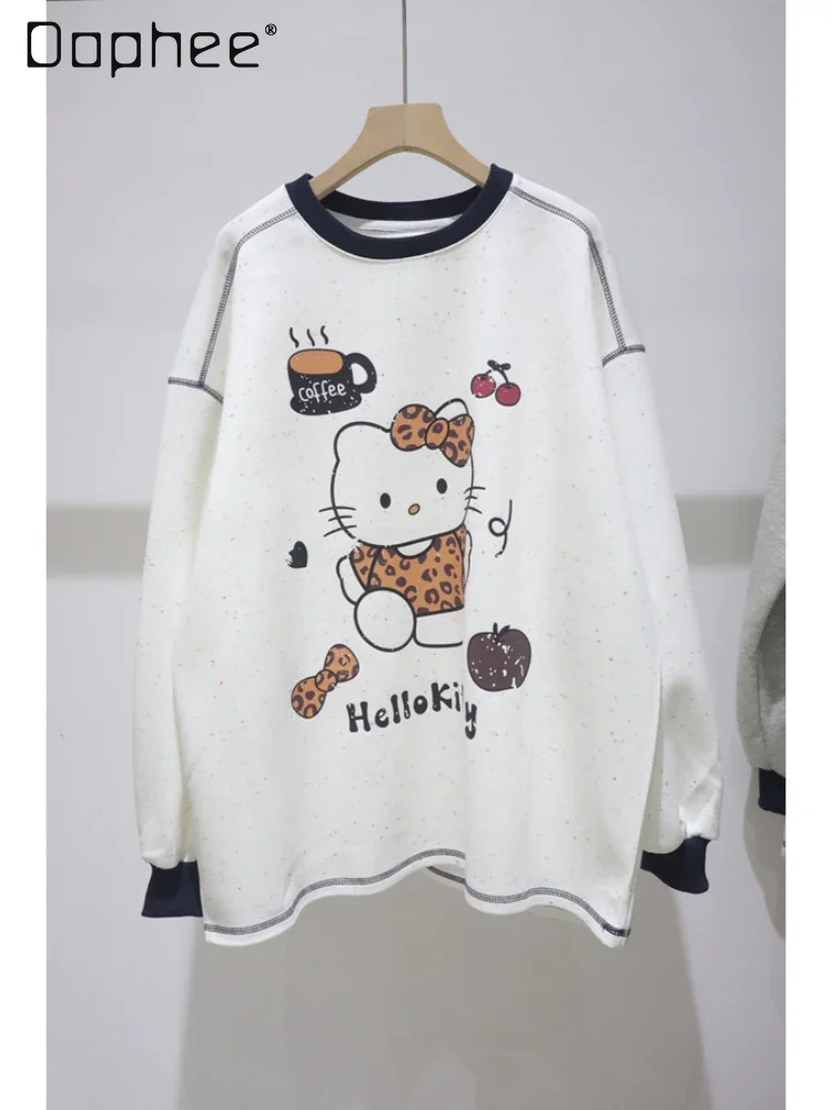 Color Dot Cartoon Cat Long-sleeved Hoodies Women 2024 Autumn Loose Drop Sleeve Cotton Round Neck Pullover Sweatshirts Top