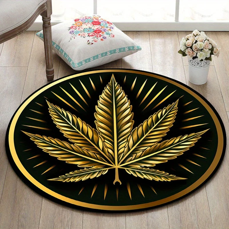 Weed Penta Leaf Round Rug, Non-Slip Flannel Polyester Carpet for Living Room Bedroom Kitchen Bathroom Home Decor Mat