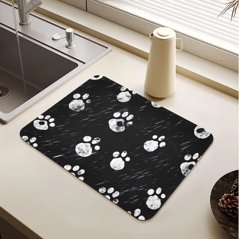 Cute Dog Cat Paw Print Dish Drying Mat Black Yellow Animal Kitchen Counter Mat Kawaii Puppy Kitten Bar Pad Absorbent
