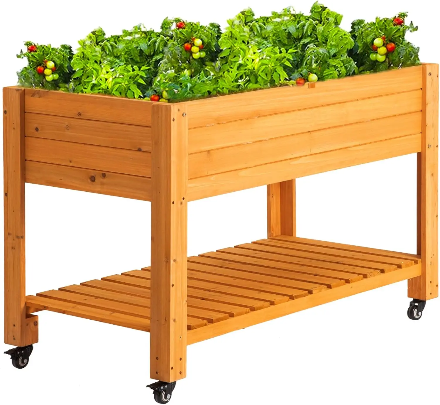 Mobile Wooden Elevated Raised Bed, Wood, Natural, with Wheels and Liner for Patio Deck Vegetable Flower Gardening