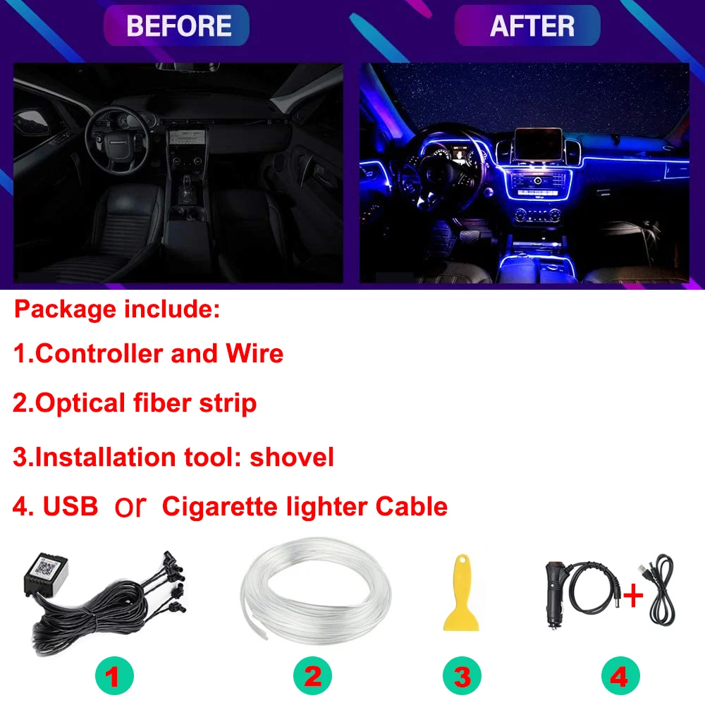 5IN1 6IN1 Neon LED Car Interior Ambient Light Fiber Optic EL Wire Strip Light App USB RGB Auto Accessories LED Decorative Lamp
