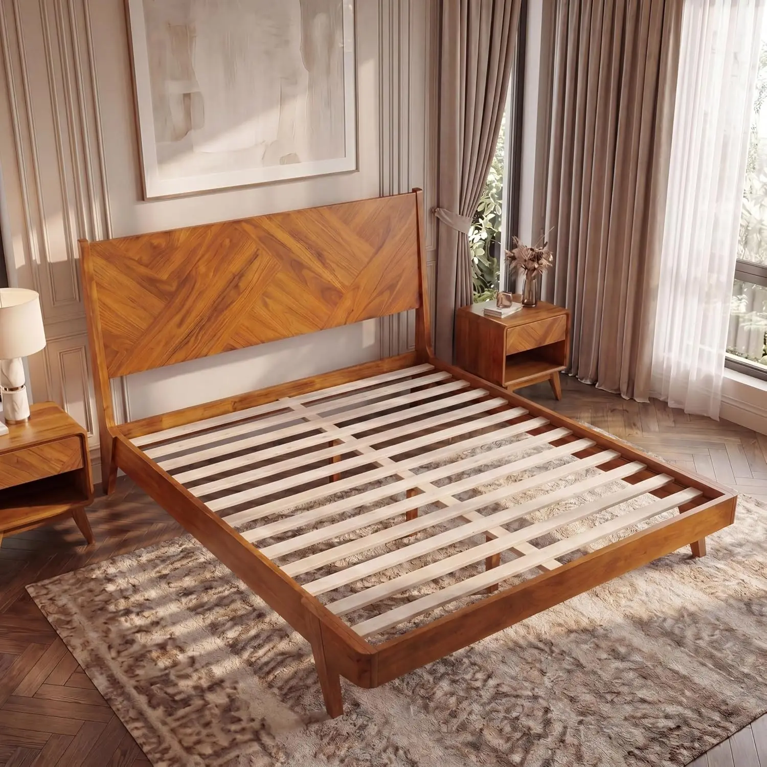 Gazelle King Size, Acacia Wood Bed-frames with Tilted Headboard, Caramel