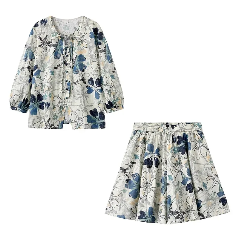 

Bohemia Mesh Vintage Print Loose Two Piece Set Women Casual Short Sleeve Shirts+shorts Sets Fashion Summer Basics Outfits Female