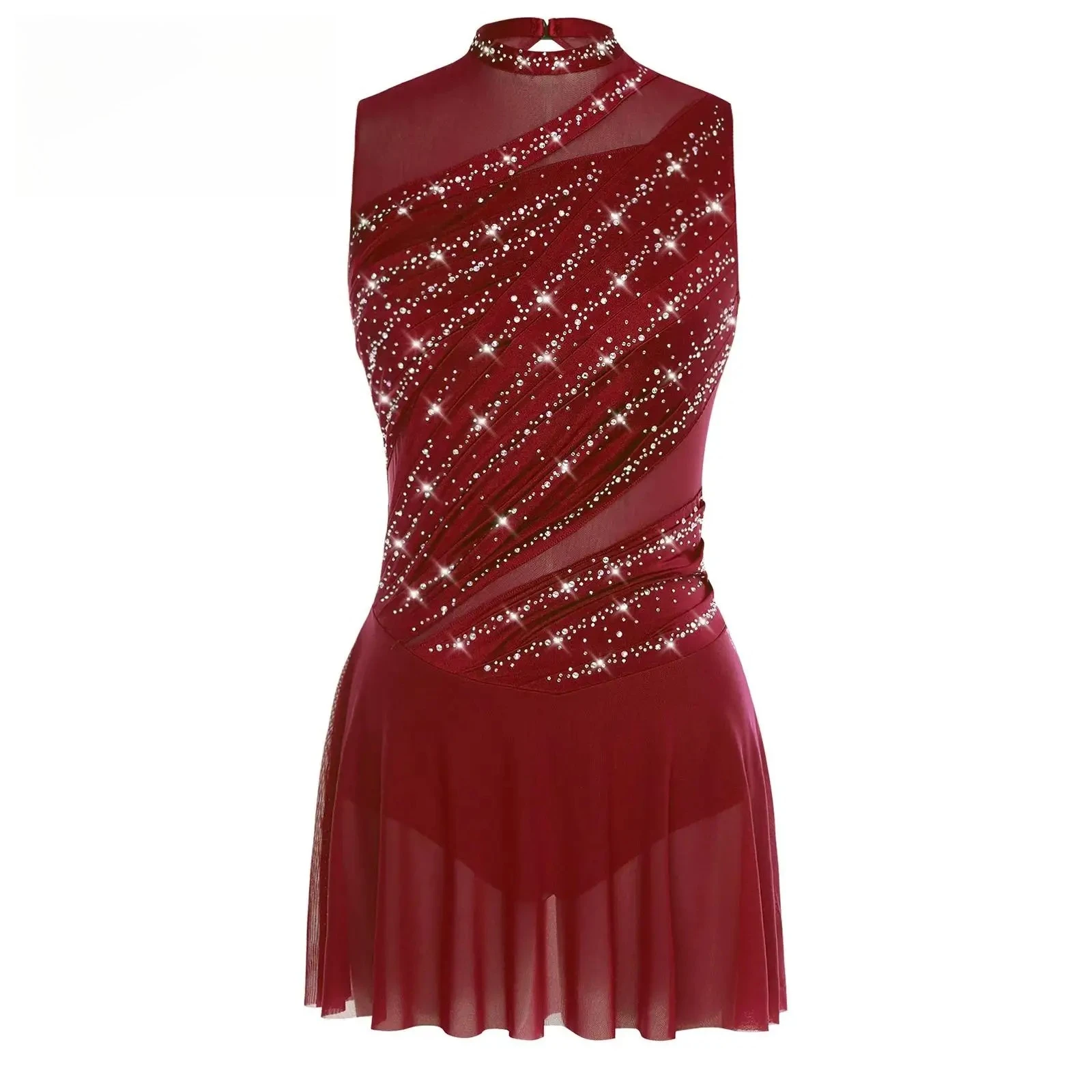 Vestido de Danza Lírica con Volantes para Mujer, Cuello Redondo, Sin Mangas, Espalda Descubierta con Pedrería, para Actuaciones en Escenario y Competencias