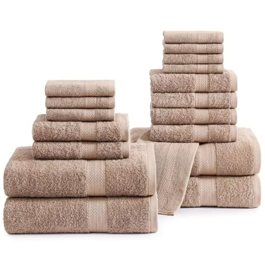 

18 Piece Cotton Towel Set for Home, Spa Gym - Taupe - Soft, Absorbent Family Towel Set with 4 Bath, 8 Washcloths, 6 Hand Towels