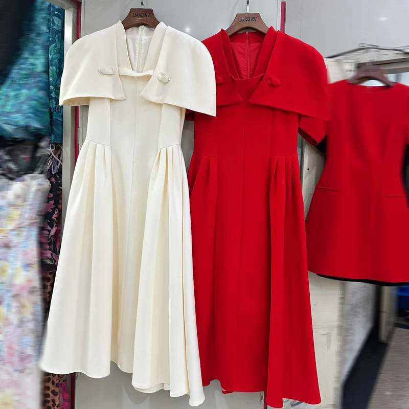 

KT Women's Cape Collar A-Line Dress with Fitted Waist & Pleated Skirt, White/Red, Perfect for Weddings & Special Occasions