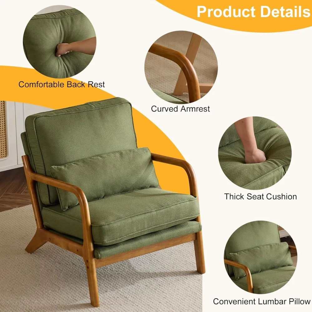 

Accent Chair, Mid-Century Modern Chair. with Pillow Linen Fabric Upholstered Lounge Arm Chair, with Solid Wood Frame & Soft