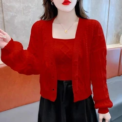 Fashion Hollow Knit Sweater Suit Femme 2026 NEW Spring Autumn Women's Soft Knitted Cardigan Coat With Suspender Two-Piece Set