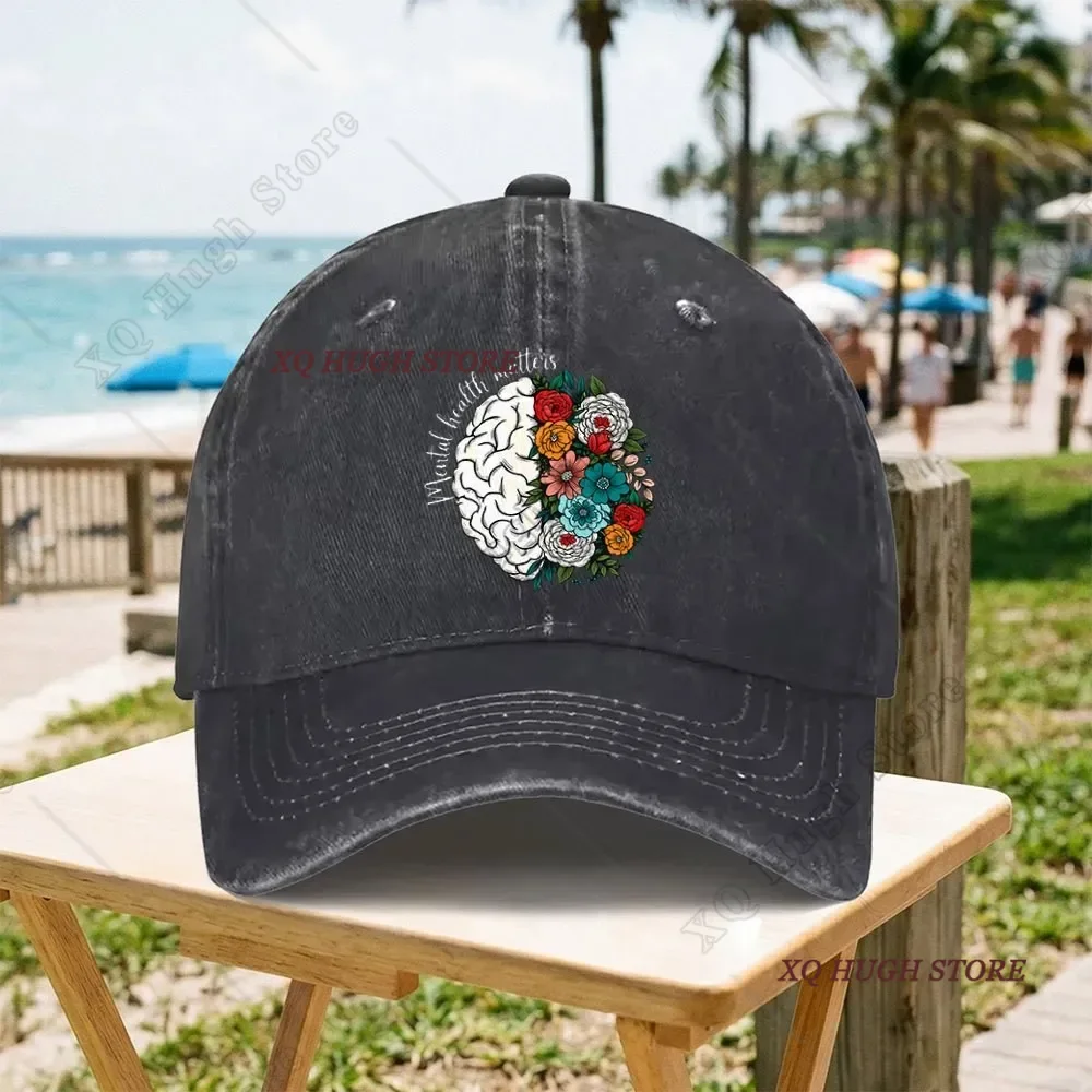 Mental Health Matters Floral Brain Vintage Washed Baseball Cap Female Cowboy Sun Hats Hip Hop Mens Snapback Cap