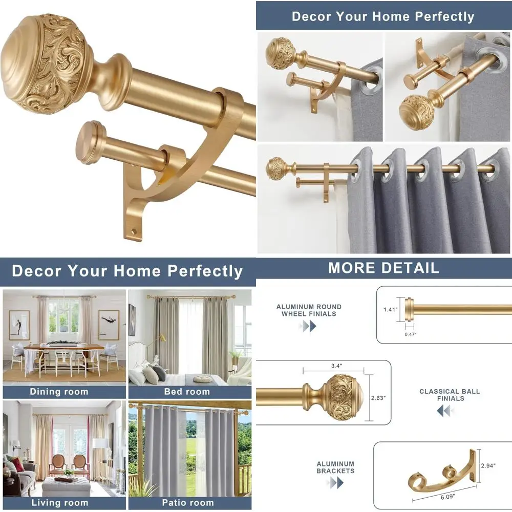 

1 Telescoping Drapery Rod, 72-144, Classic Ball Finials, Premium Aluminum Brackets, Warm Gold Finish