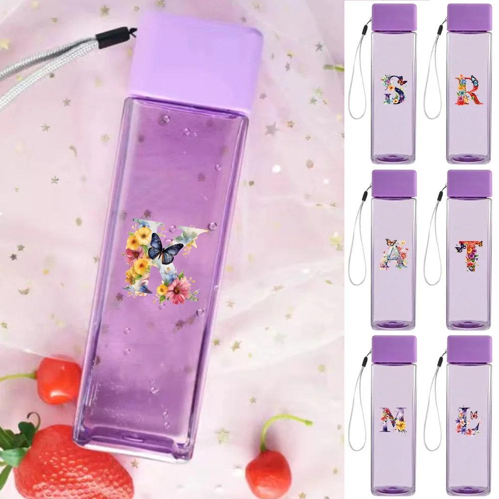 Leakproof Portable Water Bottle Clear Water Cup, Reusable Transparent Tumbler Leakproof Slim Tumbler Butterfly Letter Pattern