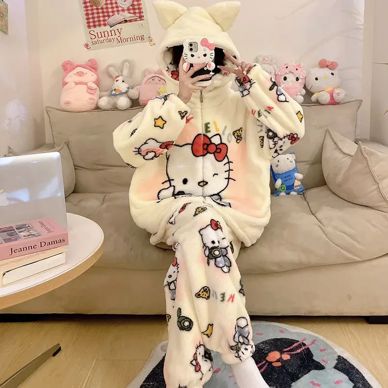 Sanrio Hello Kitty Katoenen Jas Kuromi Pyjama Cinnamoroll Meisjes Herfst en Winter Verdikte Plus Fluwelen Leuke Ins Thuis Kleding Set