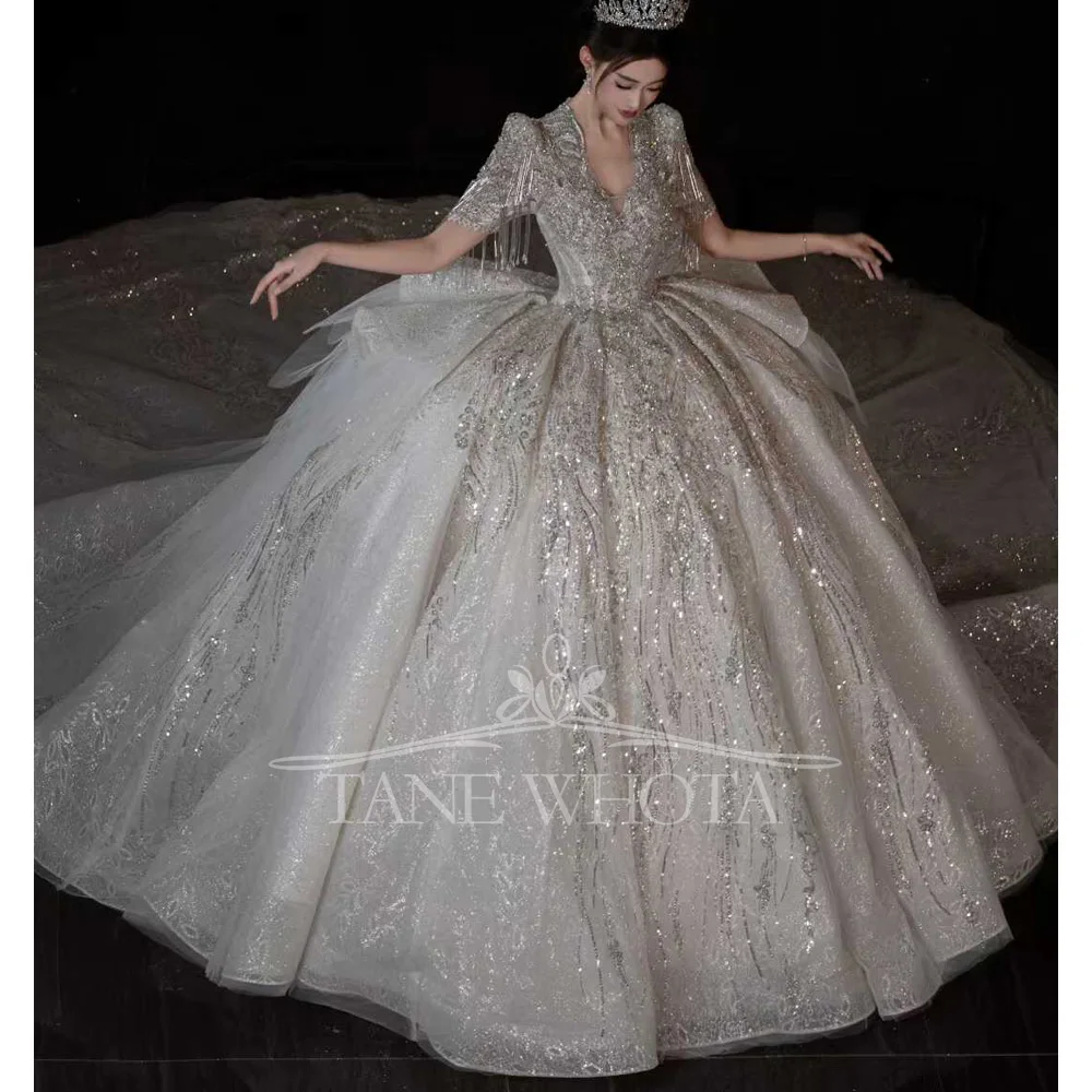 

Sexy Scalloped Short Sleeve Beaded Sequined Ball Gown Wedding Dress Civil Ceremony Robe Customized Mariée