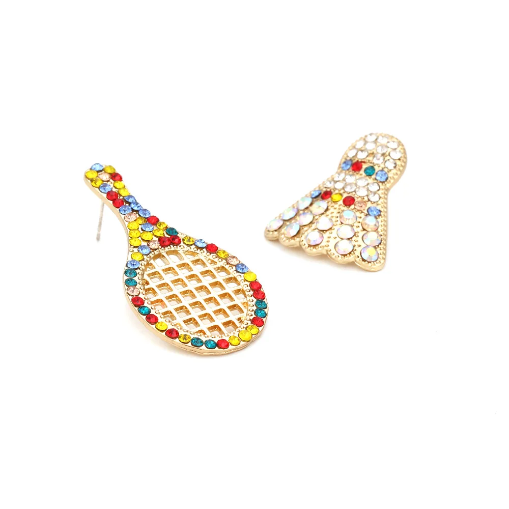 Exaggerated creative colored diamond badminton racket earrings earrings, personalized asymmetrical alloy diamond-set earrings, e