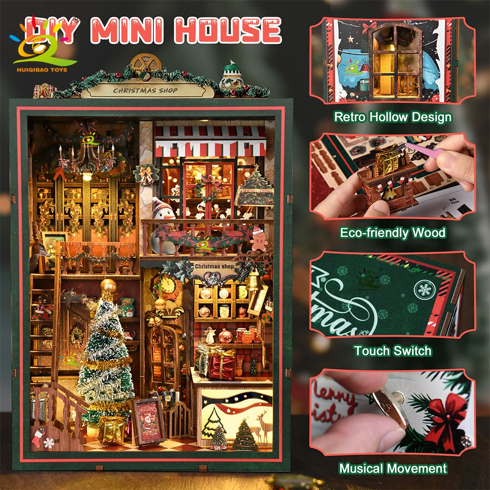 

HUIQIBAO Vintage 3D Mini Christmas Shop Book Collection Room DIY Desktop Building Scene Adult 3D Puzzle Shelf Insert Decor Toys