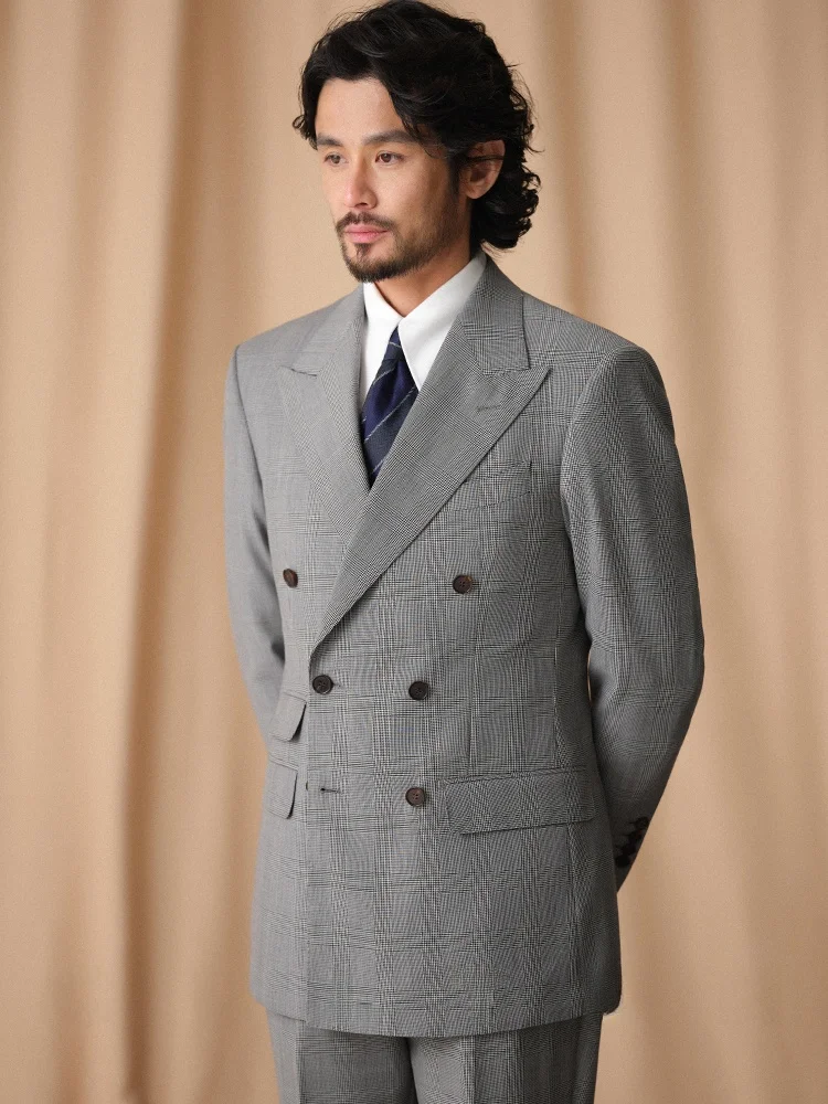 Cultum Men's Business Suit Wool Blend Half  Prince of Wales Check Double Breasted Tuxedo Jacket with Pocket Square