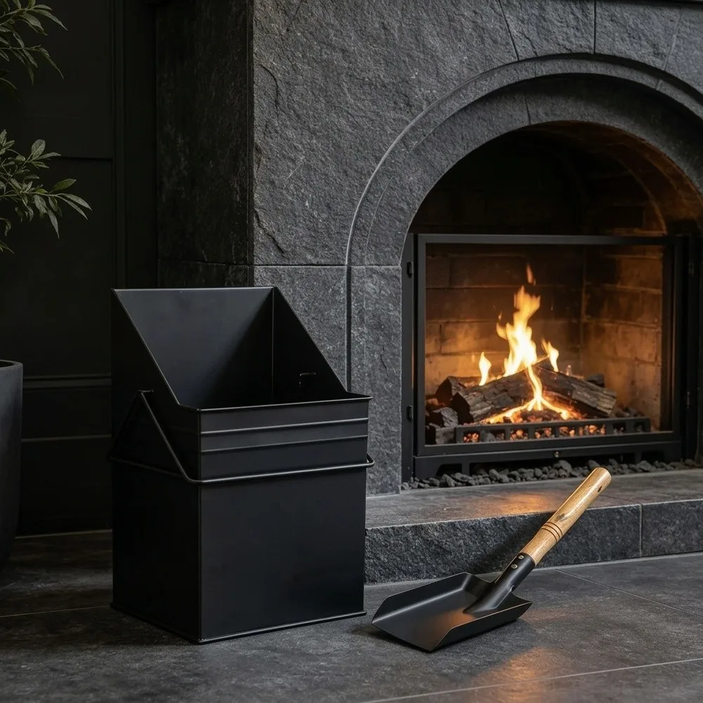 Fireplace Tool Bundle with Thickened Iron Ash Container and Matching Slant Square Shovel for Consistent Daily Use