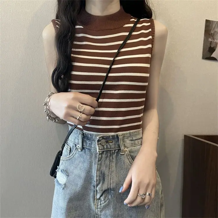 Striped Semi-turtleneck Knit Vest Women's Undershirt Summer 2023 New Slim Fit Sleeveless Off-the-shoulder Top Crop Tops