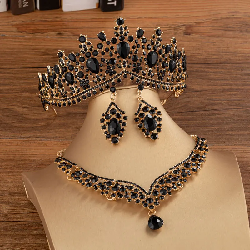 Baroque Gold Color Black Crystal Bridal Jewelry Sets Tiaras Crown Earrings Choker Necklace Women Wedding Dress Dubai Jewelry Set