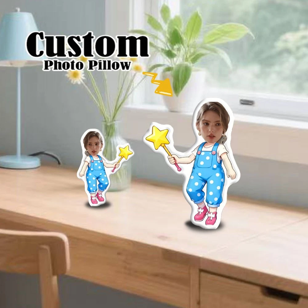 1pc Creative Custom Cushion, Custom Casual White Blue Polka Dot Style Pillow, Displaying Personalized Face And Body Design, Suit