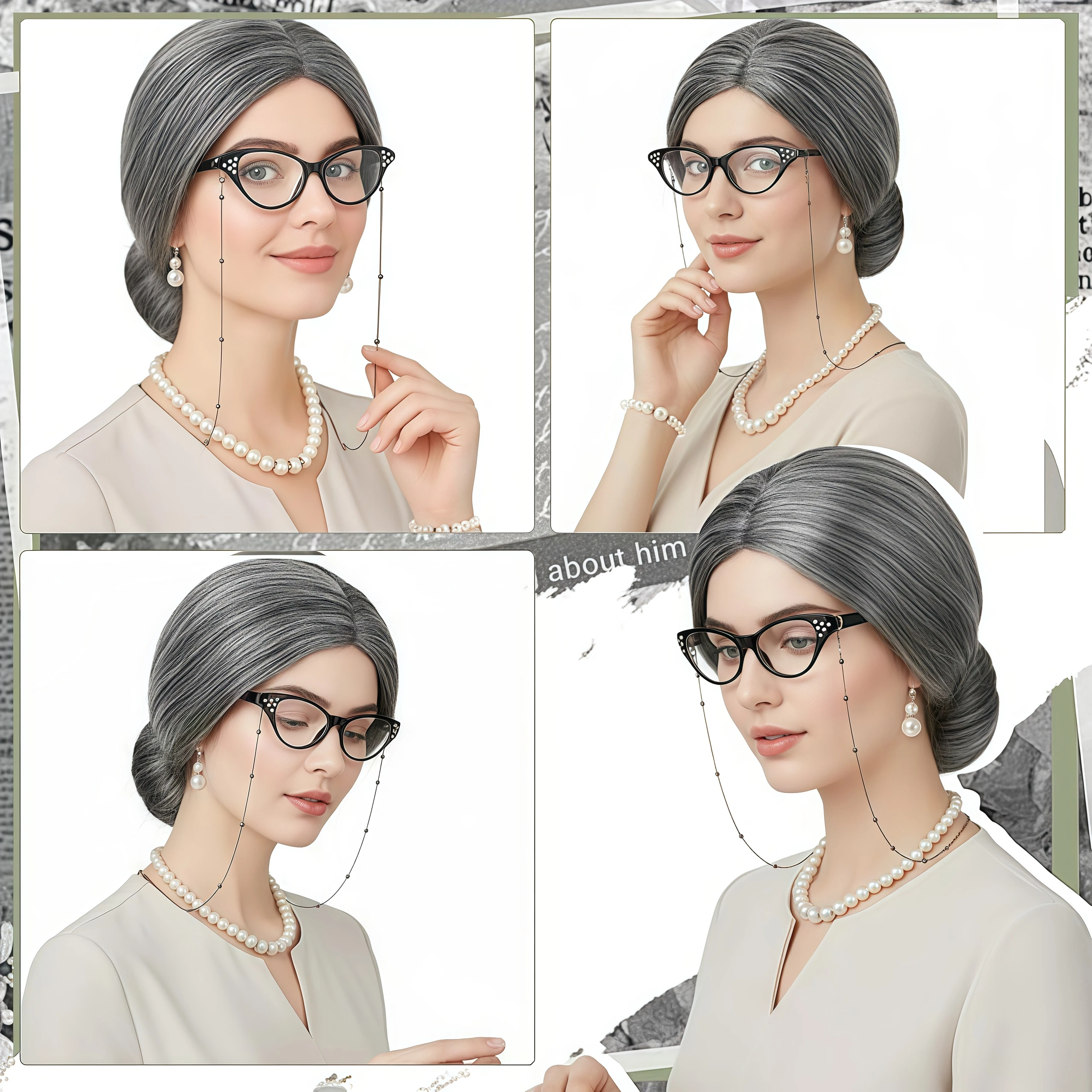 مجموعة أزياء السيدة العجوز للأطفال 100 يوم من المدرسة الجدة رمادي شعر مستعار نظارات للفتيات أداء لعب الأدوار في الهالوين ملحق الجدة #6