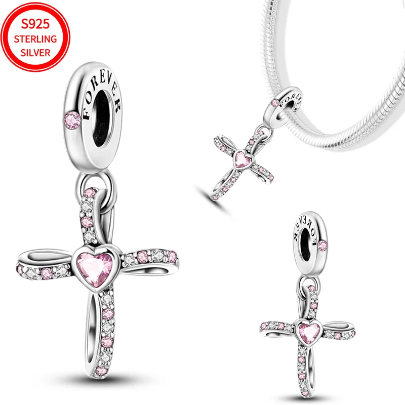 قلادة من الفضة الإسترليني عيار 925 متقاطعة من الزركونيوم الوردي، مناسبة لأساور نسائية أصلية هدايا مجوهرات ذاتية الصنع