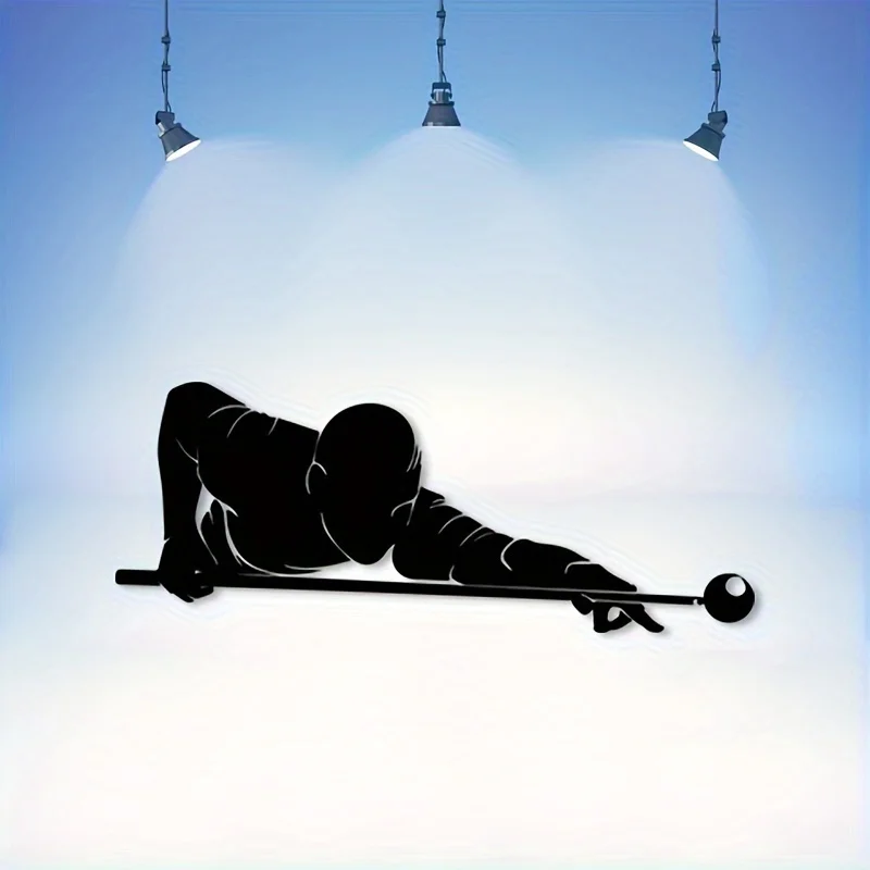 Billiard Player Silhouette Metal Wall Art, Dynamic Shooting Cue Stick, Powder Coated Black White Modern Decor