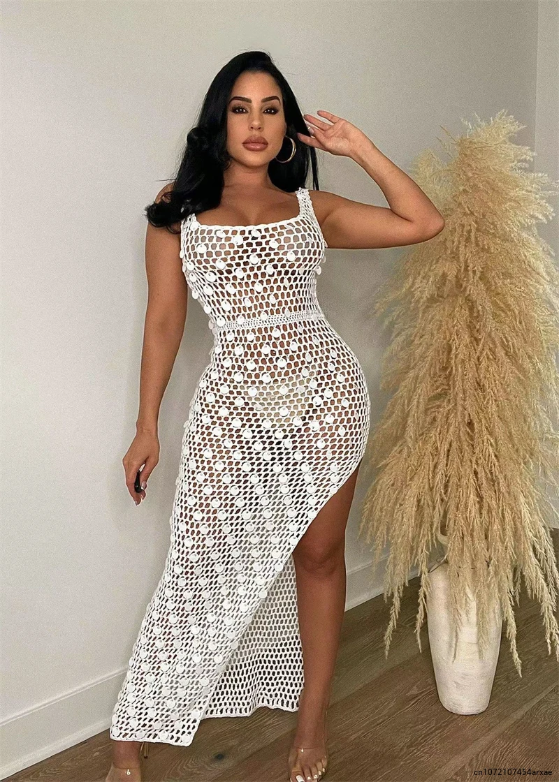 Sequins Hand Knitted Summer Beach Long Dress Women Sexy Hollow Out Sleeveless Side High Split Cover Ups Maxi Club Party Vestidos