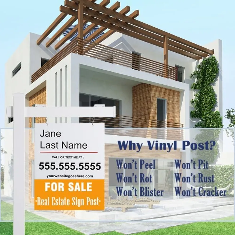 

6-футовый столб из ПВХ для знаков недвижимости с 36-дюймовым рычагом, сверхпрочный стальной кол, белый комплект из 2 знаков для двора