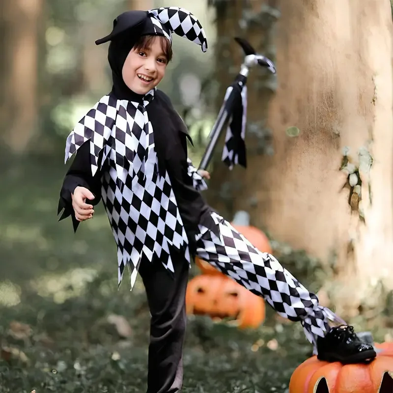 

CyKids Halloween Clown Checkered Dress Costume Girls Boy Carnival Party Cosplay Outfit for Stage Halloween Dance Party Costume S