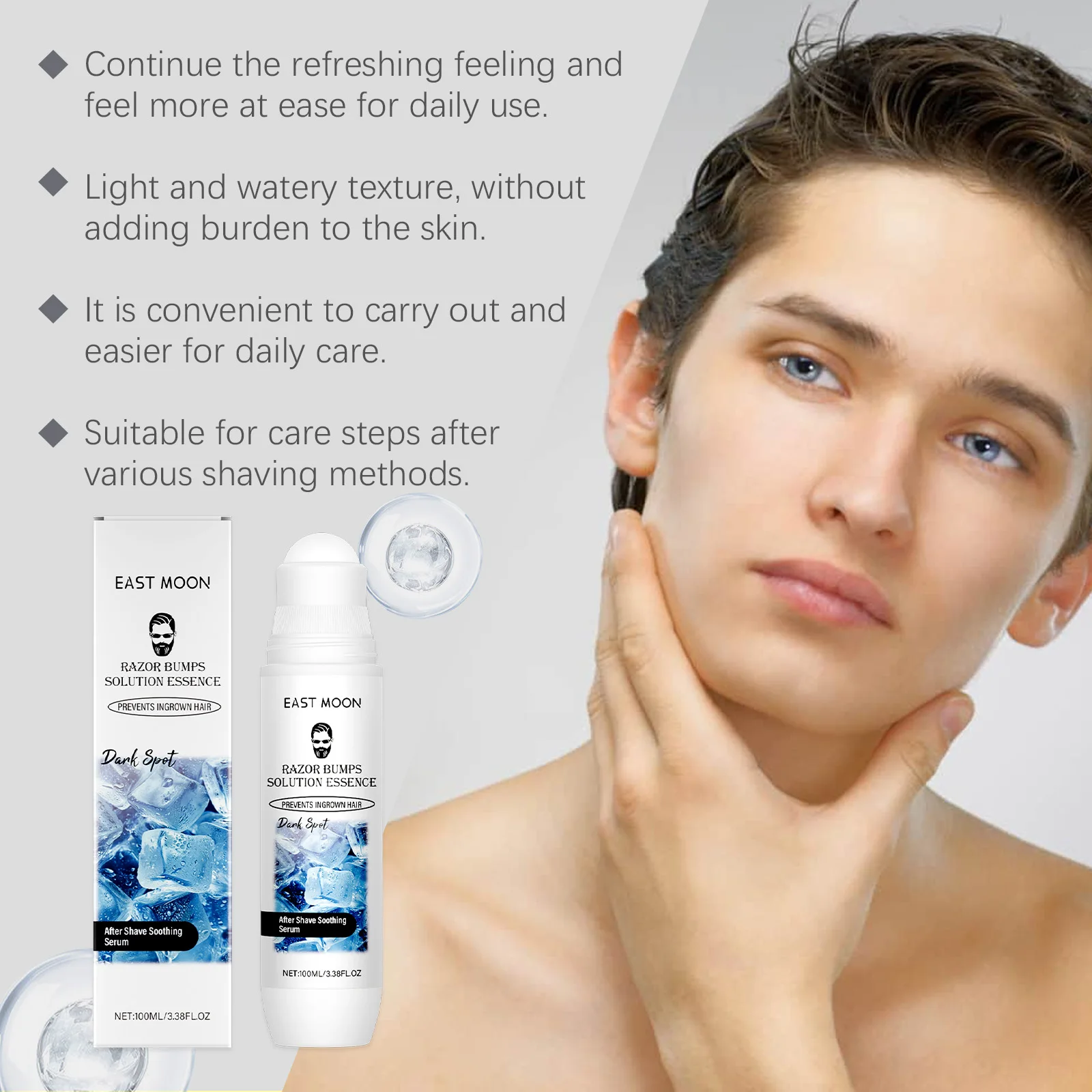 Essência de cuidados pós-barba masculina nutre e refresca a pele após a barbear para um acabamento hidratado confortável