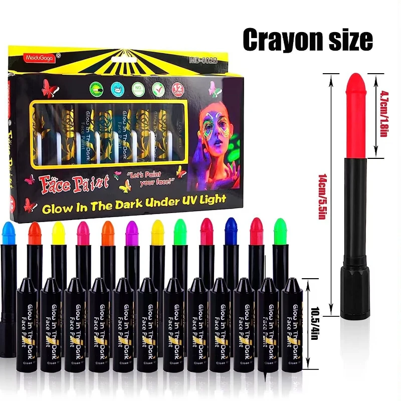12-color Luminous Face Paint Set Party Halloween Christmas Festival Ball Event Makeup Props Body Painting DIY Washable Crayons