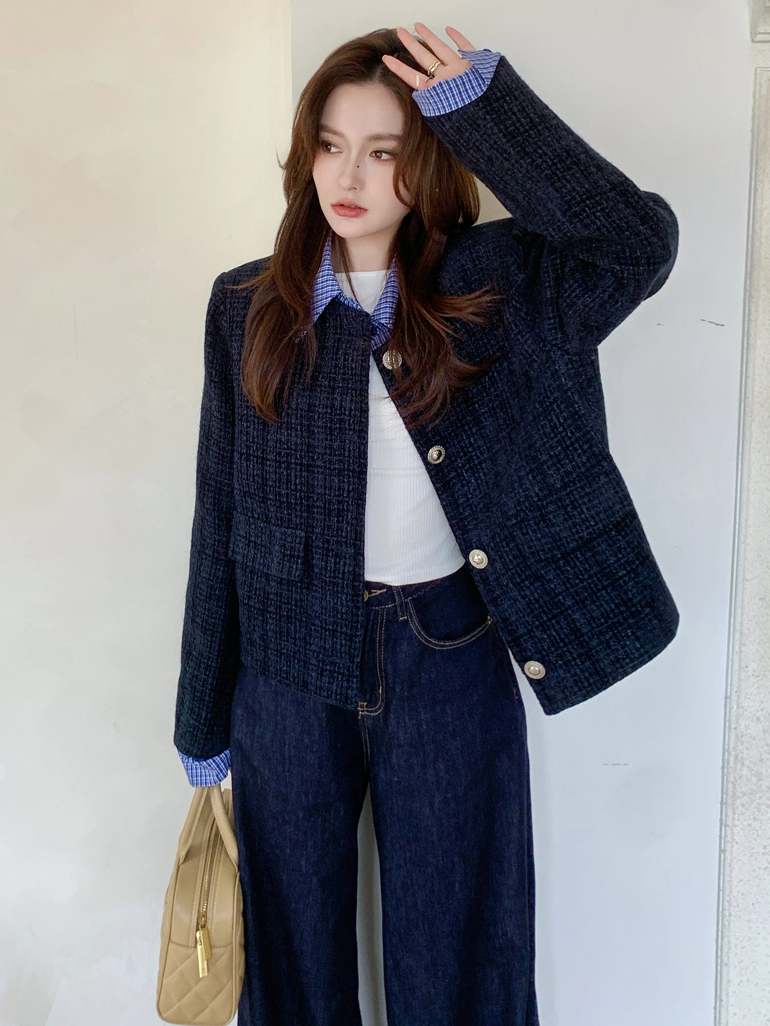 

mi ort Outerwear Women's 2025 Autumn Winter Faion Slim Fit Patchwork Design Cardigan Top OL Sle Straight Tube ape