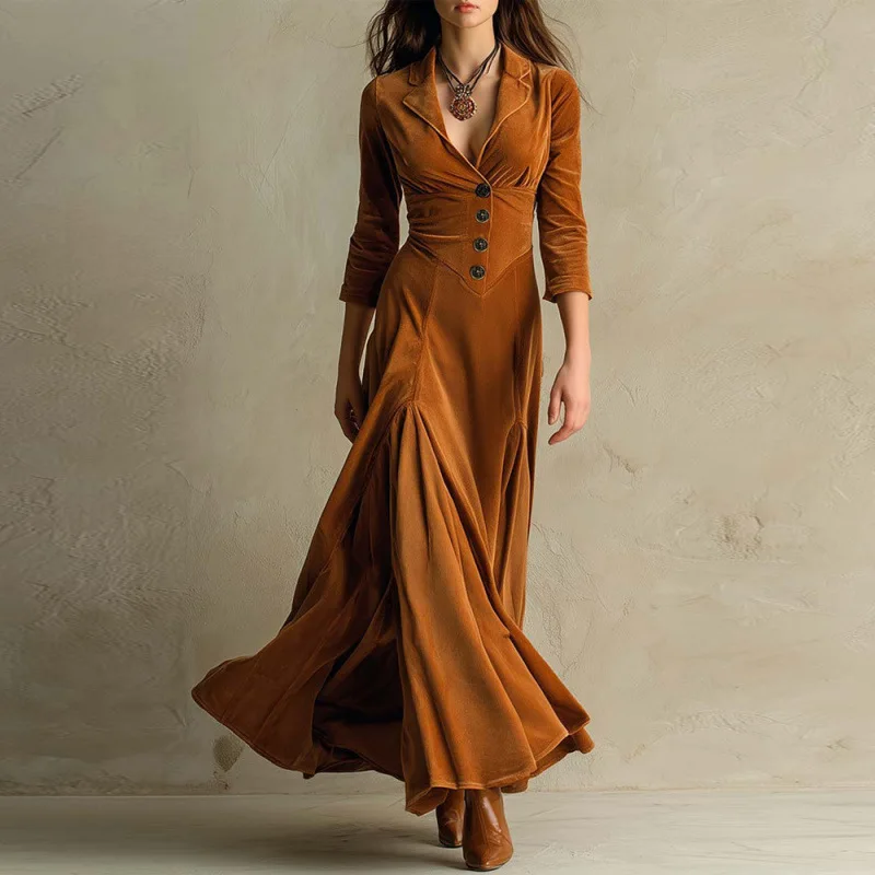 2025 Spring Fall Casual Women Suit Collar Velvet Long Dress 2025 New Slim Elegant Office Lady Fashion Solid Velour Dresses