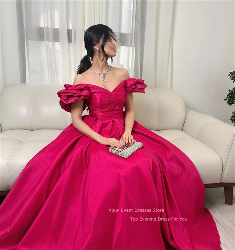 Xijun Fuschia Satin A Line Evening Dresses Cap Sleeves Prom Dresses Saudi Arabic Prom Gowns Floor Length Prom Dresses For Women