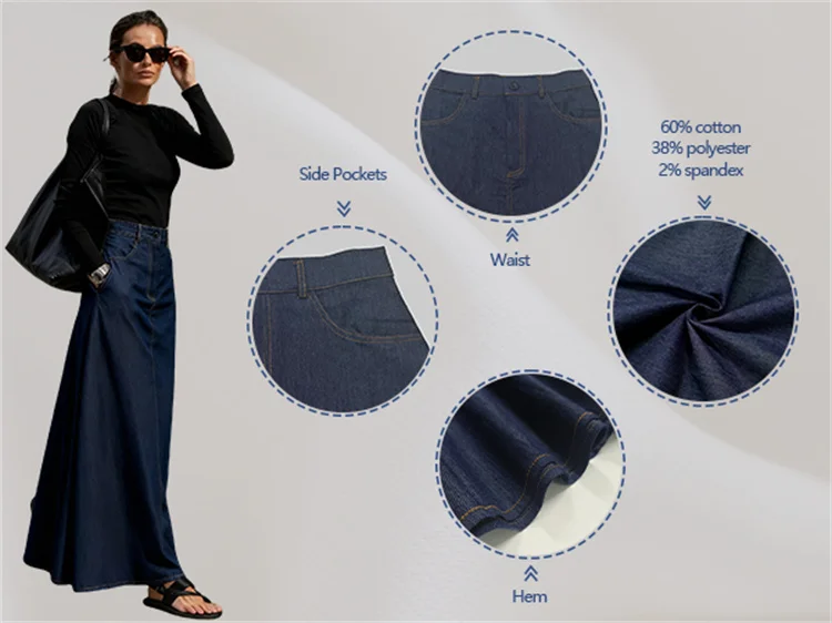 UOOZEE Women\'s High Waist A-Line Skirts 2024 New Autumn Fashion  Imitation Denim Solid Color Casual Office Long Skirt Bottoms