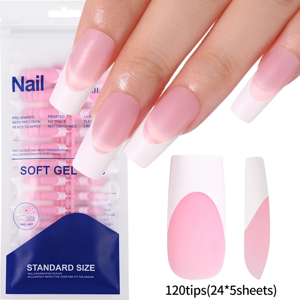 120 piezas de uñas postizas acrílicas francesas medianas y largas, cuadradas, cobertura completa, para mujer, tallas mixtas 2
