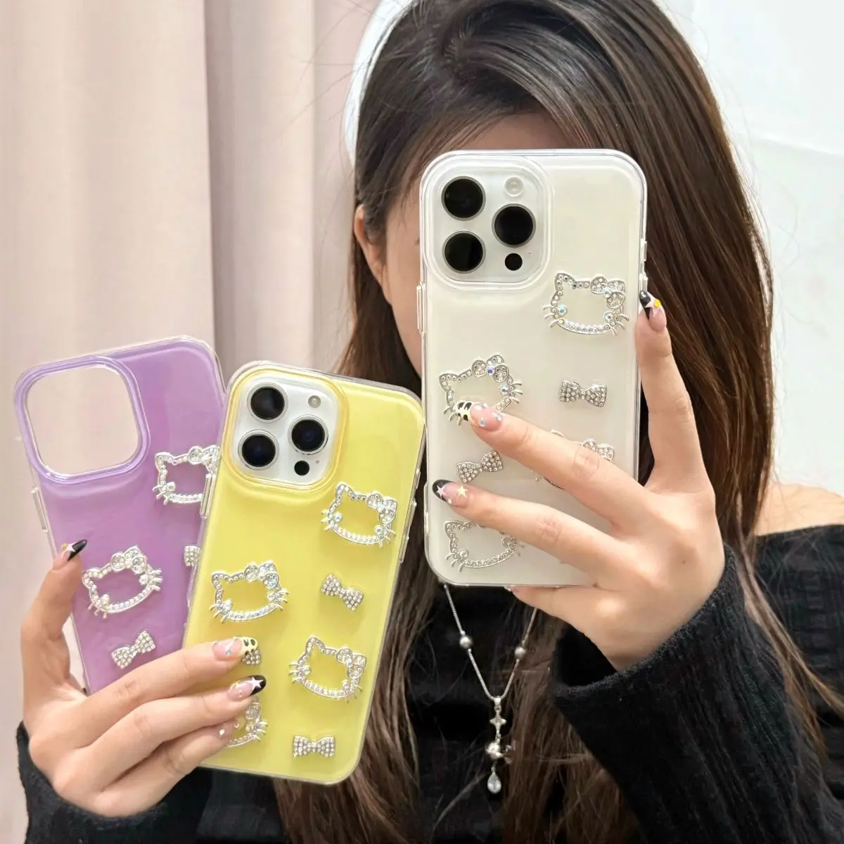 

Sanrio Kawaii Hello Kitty Flash Diamond Bow Acrylic IPhone Cases Anime Cartoon Fashion Exquisite Mobile Phone Protective Covers