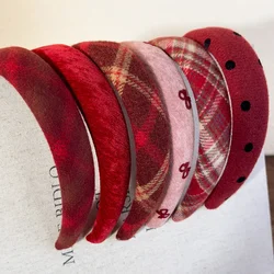 Retro Red Sweet Wool Headbands for Woman Girl Temperament Hair Hoop Sponge Wide Hair Band Female Christmas Hair Accessories Gift