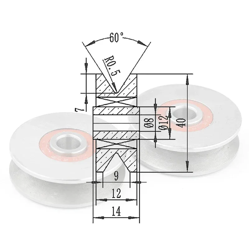 2pcs/lot Deep V-groove angle 60 degree bearing bore 8mm,diameter 40mm,thickness 12mm sliding gate roller/pulley/wheels.