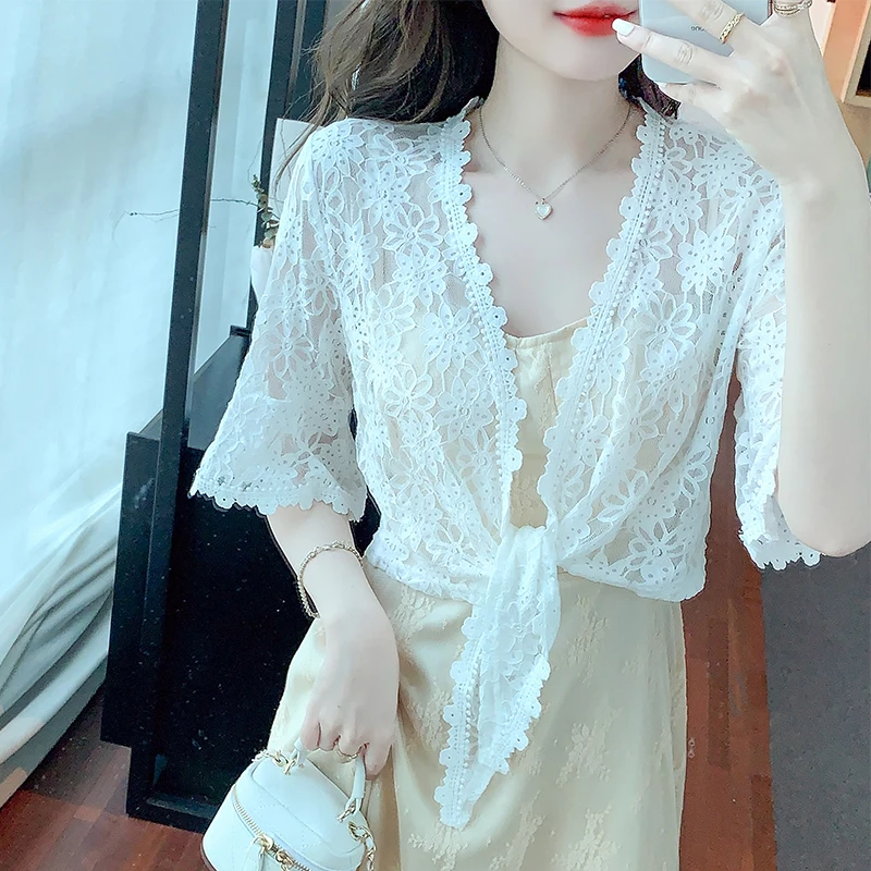 #3511 Black White Beige Wrap Lace Kimono Jacket Women Thin Lace Sunscreen Coat Ladies Half Sleeve Cardigan Outerwear See Through