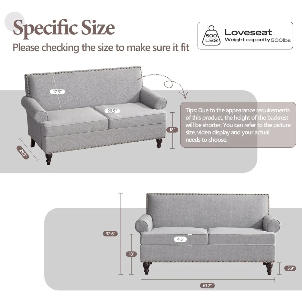 2 Piece Living Room Furniture Sets with Loveseat Sofa and Accent Chair, Upholsteded Loveseat Couch with Rivet