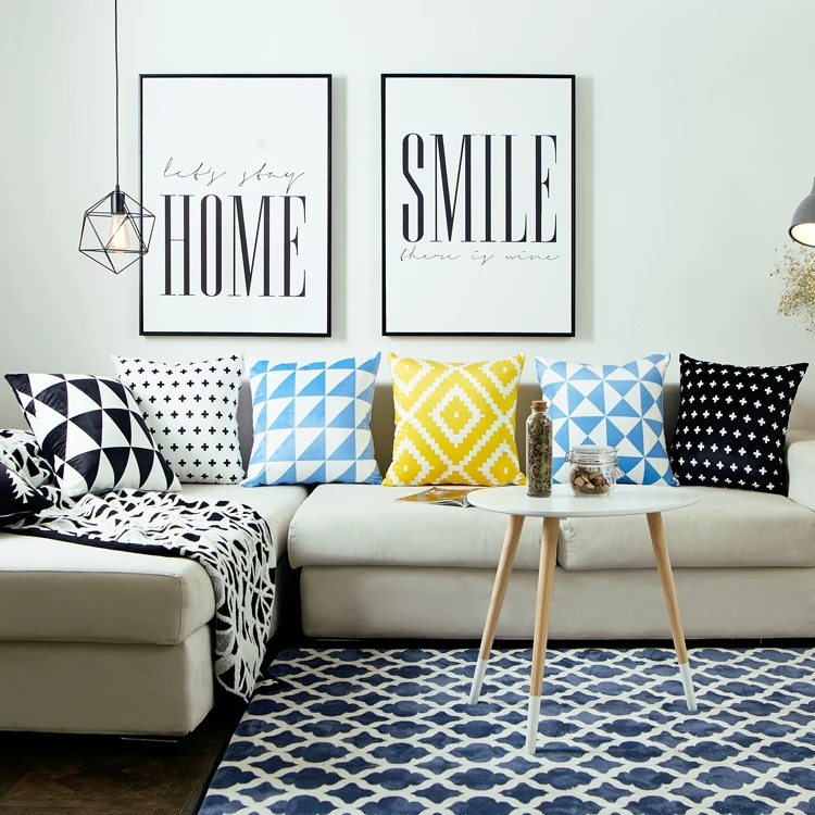 Nordic Dutch Velvet Cushion Cover Black and White Pillow Cover Yellow Striped Geometric Grid Sofa Waist Pillowcase