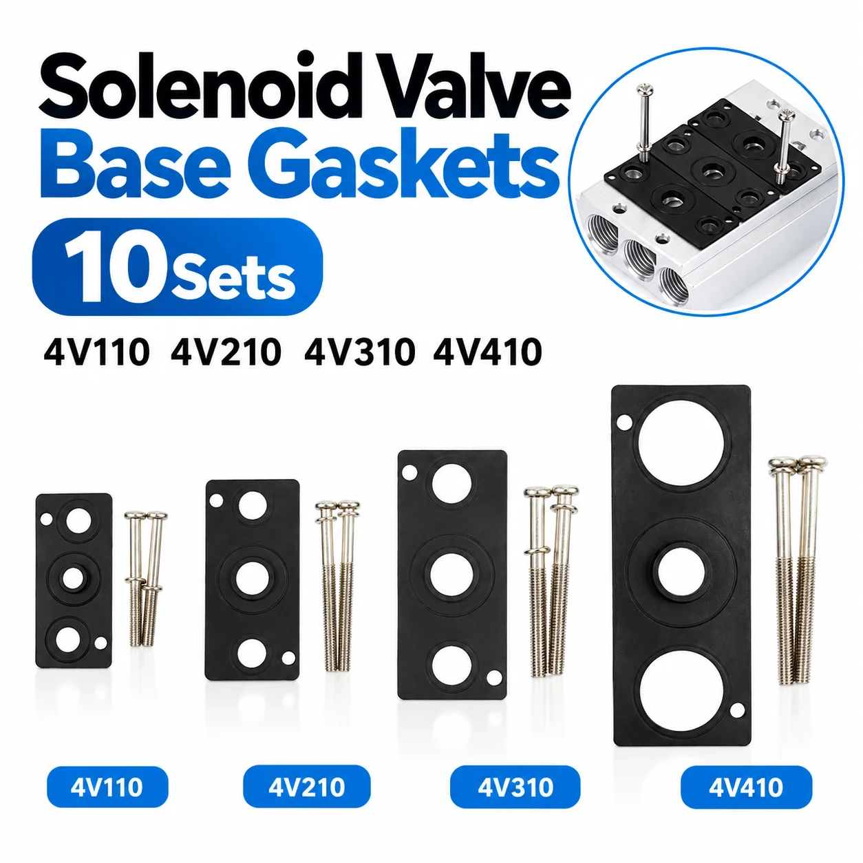 10Sets Rubber Solenoid Valve Base Gasket 4V110 4V210 4V310 4V410 with Screw Solenoid Valve Manifold Gasket Busbar