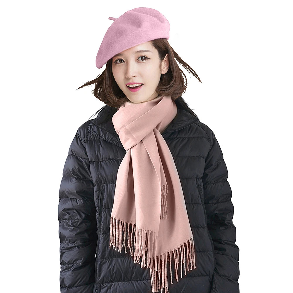 Oh!Sunny Winter Women Wool Berets Scarf French Artist Style Warm Hat Retro Plain Beret Elegant Lady Autumn Caps Solid Color