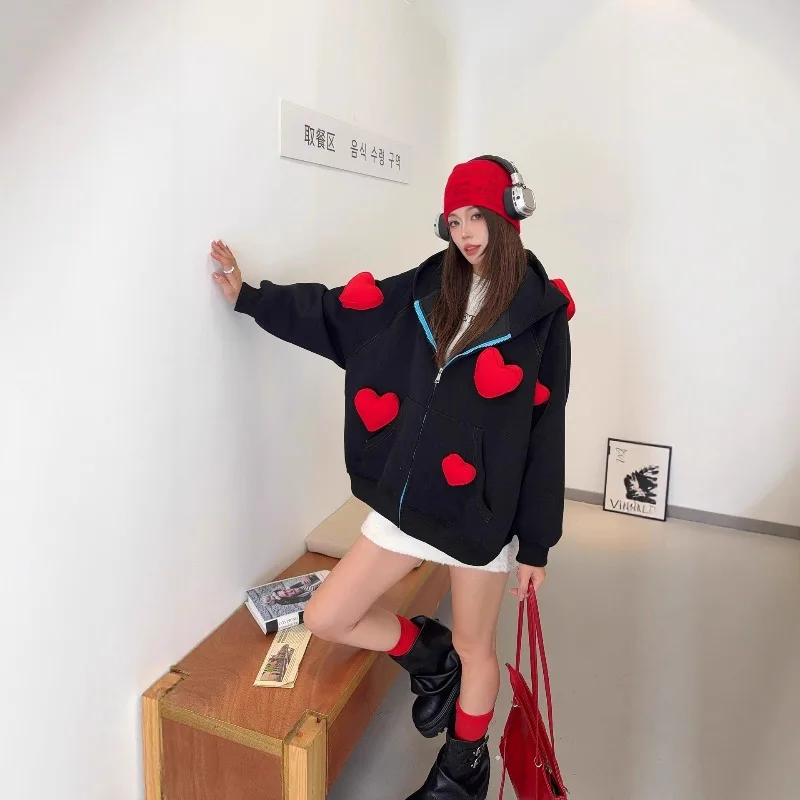 3D Heart Loose Hoodie For Women's Autumn 2025 New Hot-Selling Zipper Cardigan 2025 Autumn Long-sleeves Top Sudaderas De Mujer