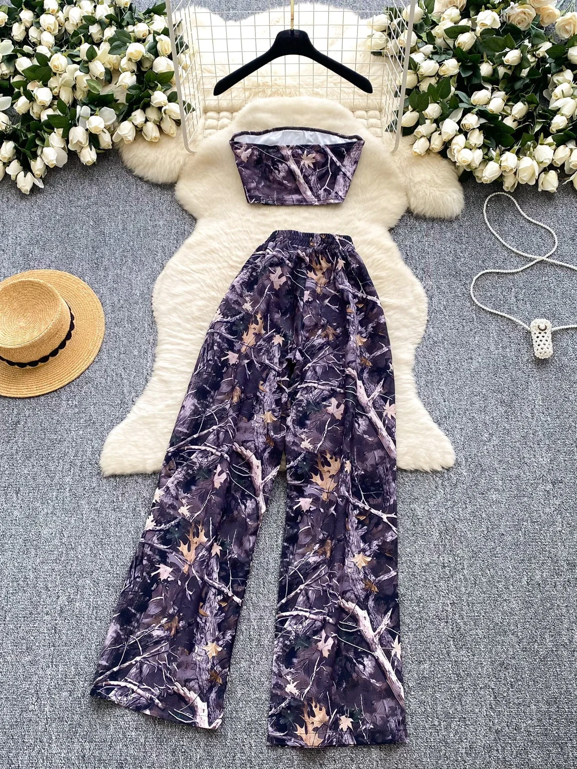 

American Hot Girl Set Women Summer Loose Casual Svel Chest Strap High Waist Printed Wide Leg Straight Pants Two Piece